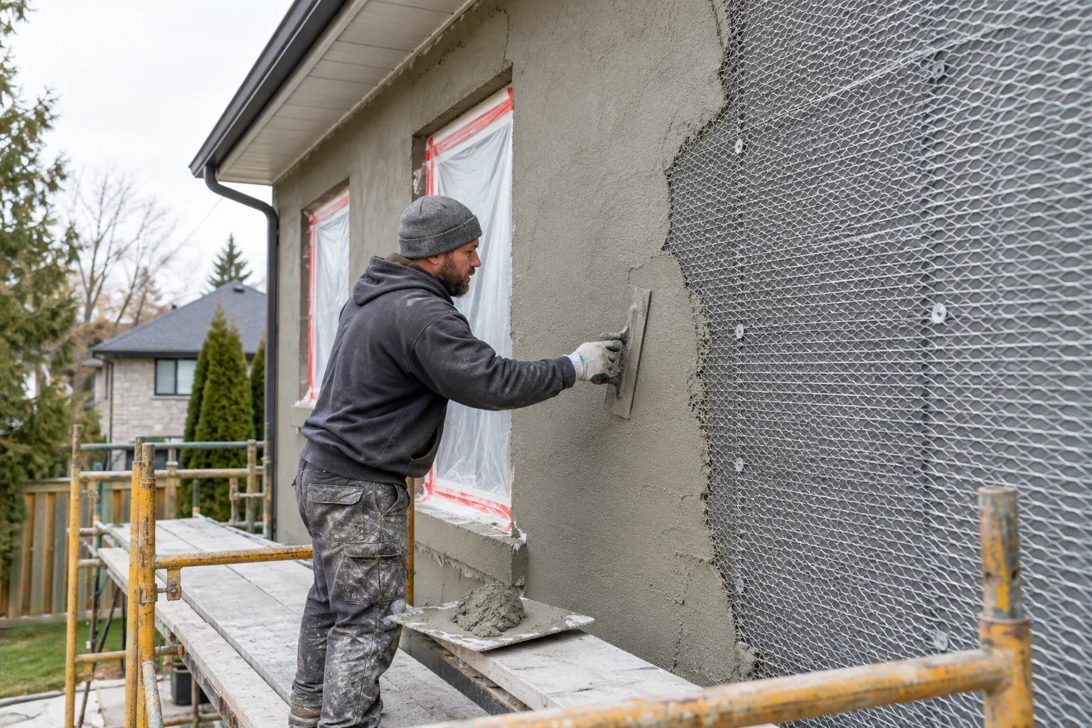 Stucco specialist applying a base coat over metal lath on a residential exterior