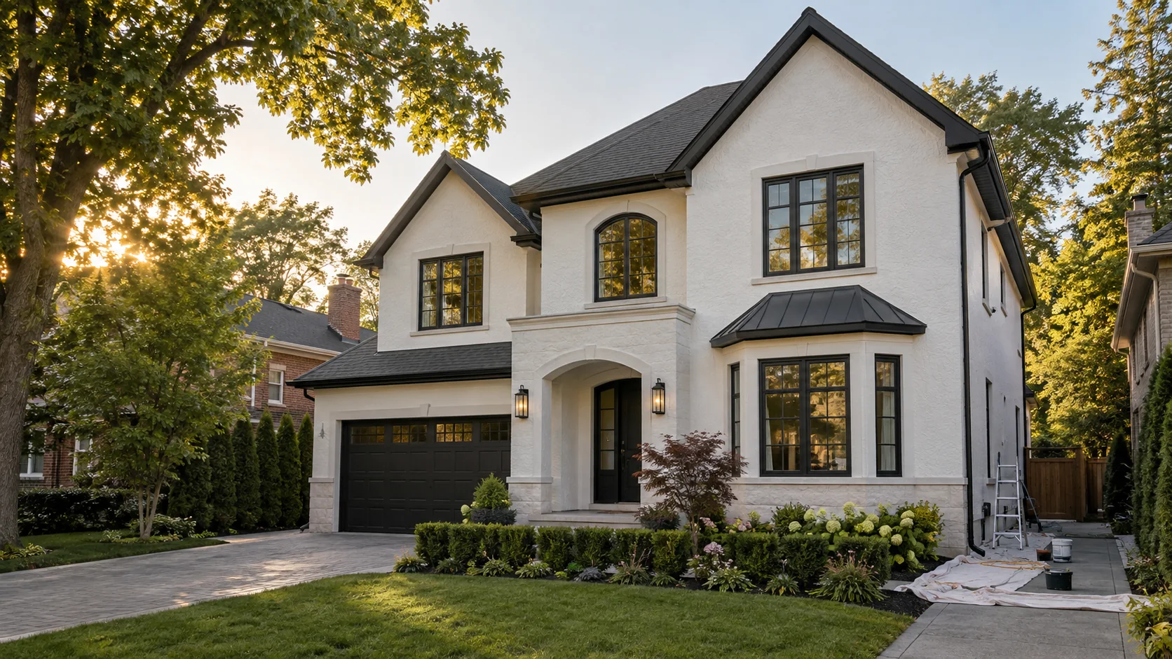 White stucco exterior and detailed window surrounds on a detached home