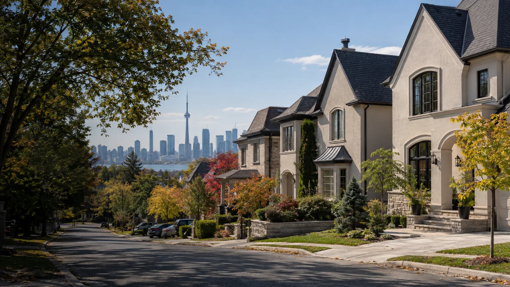 Stucco homes in an Ontario neighbourhood with a city skyline in the distance
