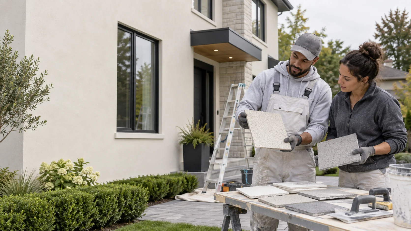 Stucco specialists reviewing exterior texture and finish options beside an Ontario home