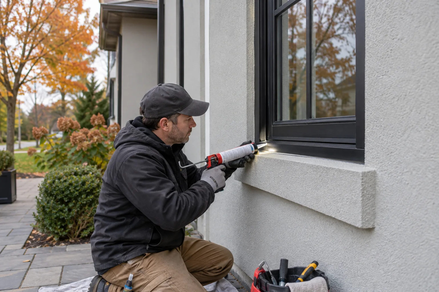 Exterior specialist sealing a stucco joint below a window