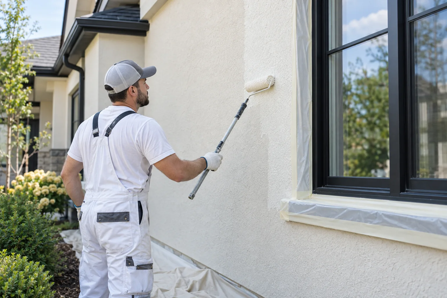 Professional applying an exterior coating to a textured stucco wall
