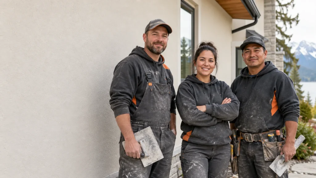Three exterior workers standing beside a finished residential stucco wall