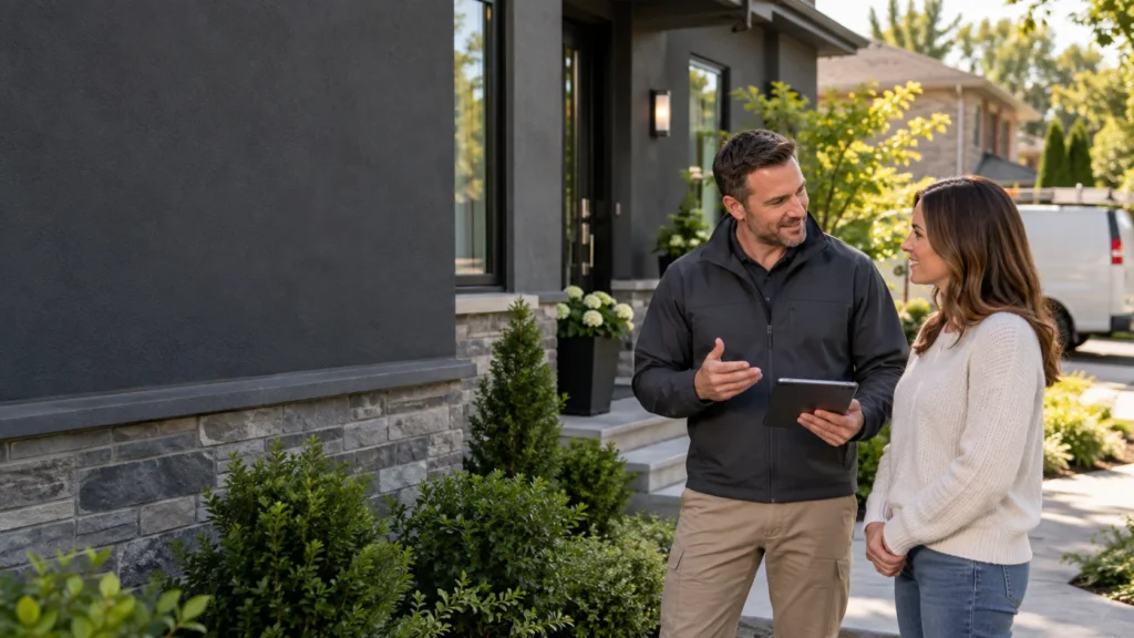 Exterior specialist discussing a stucco assessment with a homeowner