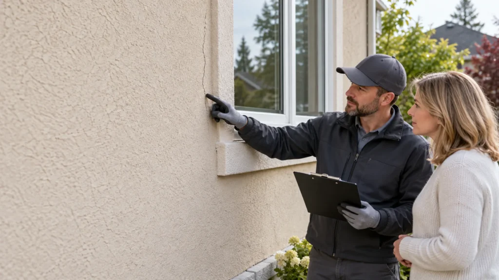 Stucco specialist explaining a hairline exterior crack to a homeowner