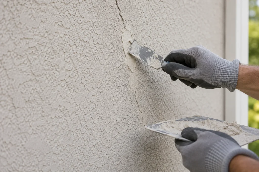 Gloved stucco specialist patching a crack with colour-matched material